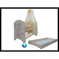 NA SKLADE: Detská postieľka s výrezom ŽIRAFA bez šuplíka - 120x60 cm - ružová + biele priečky + matrac kokos / molitan