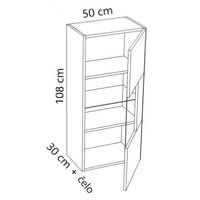 Závesná skrinka so sklenenou vitrínou MODERN - 50x30x108 cm - biela lesklá - push to open - pravá
