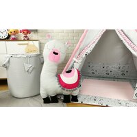 Detský stan TEEPEE (TÍPÍ) LUXURY s doplnkami - LAMA A KAMARÁTI - šedo / ružový