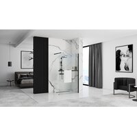 Kúpeľňová pevná zástena MAXMAX Rea AERO 100 cm s policou a vešiakom na uteráky - čierna matná - číre sklo