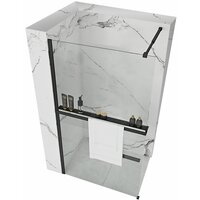 Kúpeľňová pevná zástena MAXMAX Rea AERO 110 cm s policou a vešiakom na uteráky - čierna matná - číre sklo