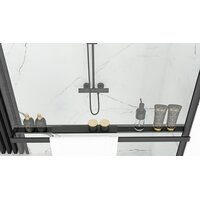 Kúpeľňová pevná zástena MAXMAX Rea AERO 90 cm s policou a vešiakom na uteráky - čierna matná - číre sklo