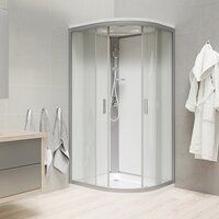 Sprchový box, štvrťkruh, 80 cm, satin ALU, sklo Point, zadné steny biele, liata vanička, so strieškou