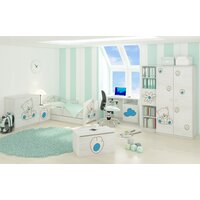 SKLADOM: Detská posteľ s výrezom so zásuvkou MAČIČKA - modrá 160x80 cm + 1 dlhá a 1 krátka bariérky