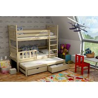 Detská poschodová posteľ s výsuvnou prístelkou z MASÍVU so zásuvkami - PV001