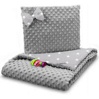 Detská deka do kočíka s vankúšikom a motýlikom - PREMIUM set 3v1 - Biele hviezdičky so sivou Minky
