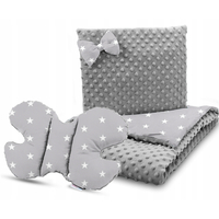 Detská deka do kočíka s vankúšikom a motýlikom - PREMIUM set 3v1 - Biele hviezdičky so sivou Minky