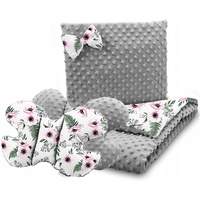Detská deka do kočíka s vankúšikom a motýlikom - PREMIUM set 3v1 - Makové kvety so šedou Minky