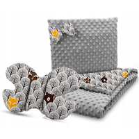 Detská deka do kočíka s vankúšikom a motýlikom - PREMIUM set 3v1 - Škandinávsky les hnedý so sivou Minky