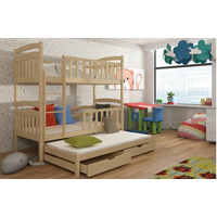 Detská poschodová posteľ z masívu borovice VIKTOR s prístelkou a šuplíky - 200x90 cm - prírodná