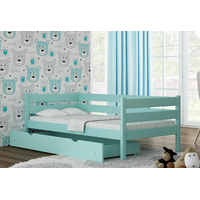 Detská posteľ z masívu KARAS 2 - 180x90 cm - sivá + odnímateľná zábrana + dve menšie zásuvky na kolieskach