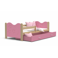 Detská posteľ so zásuvkou Mikoláš - 160x80 cm - ružová / borovice - mesiac a hviezdičky