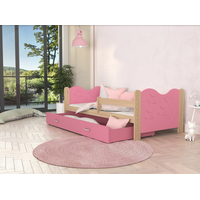 Detská posteľ so zásuvkou Mikoláš - 160x80 cm - ružová / borovice - mesiac a hviezdičky