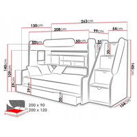 Detská poschodová posteľ s rozšíreným spodným lôžkom a šuplíkom SEGAN bielo-šedá - 200x90/120 cm