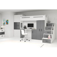 Detská vyvýšená posteľ s písacím stolom a skriňou MAXÍK 4 bielo-šedá - 200x80 cm + matrac ZADARMO