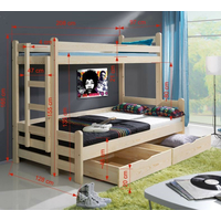 Detská poschodová posteľ s rozšíreným spodným lôžkom a zásuvkami BENJAMIN - prírodná borovica - 200x90/120 cm