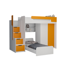 Detská vyvýšená posteľ s dodatkovým lôžkom a skriňou DORIAN II - 200x90 cm - oranžová