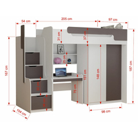Detská vyvýšená posteľ s písacím stolom a skriňou DORIAN - 200x90 cm - biela
