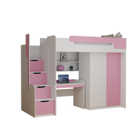 Detská vyvýšená posteľ s písacím stolom a skriňou DORIAN - 200x90 cm - ružová