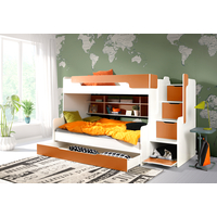 Detská poschodová posteľ s rozšíreným spodným lôžkom a zásuvkou HARRY bielo-oranžová - 200x90/120 cm