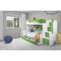 Detská poschodová posteľ s rozšíreným spodným lôžkom a zásuvkou HARRY bielo-zelená - 200x90/120 cm