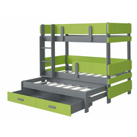 Detská poschodová posteľ z masívu borovice ETTORE III s prístelkou a zásuvkami - 200x90 cm - grafit/zelená