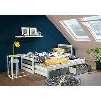 Detská posteľ z masívu borovice CALVIN s prístelkou a zásuvkami - 200x90 cm - biela/sivá