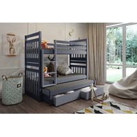 Detská poschodová posteľ z masívu borovice SAMBOR s prístelkou a zásuvkami - 200x90 cm - grafit/sivá