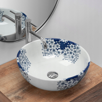 Keramické umývadlo Rea FIORI - biele/modré - vzor kvetín