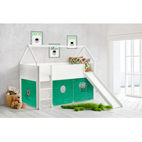 Detská domčeková VYVÝŠENÁ posteľ so šmykľavkou FUTBAL - 200x90 cm - BIELA