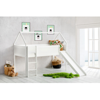 Detská domčeková VYVÝŠENÁ posteľ so šmykľavkou FUTBAL - 200x90 cm - BIELA