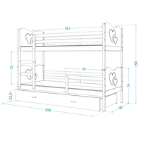 Detská poschodová posteľ so zásuvkou MAX R - 200x90 cm - ružová / borovica - motýle