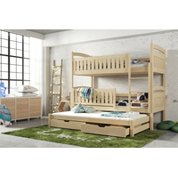 Detská poschodová posteľ z masívu borovice BOHDANA s prístelkou a šuplíky - 200x90 cm - PRÍRODNÁ BOROVICA