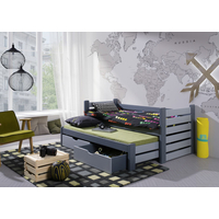Detská posteľ z masívu MATYÁŠ s prístelkou a šuplíkmi - 200x90 cm - grafit/sivá