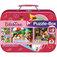 SCHMIDT Puzzle Bibi a Tina 4v1 v plechovom kufríku (100, 100, 150, 150 dielikov)