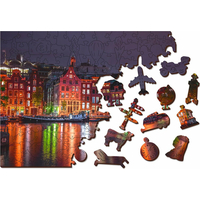 WOODEN CITY Drevené puzzle Nočný Amsterdam 2v1, 150 dielikov EKO
