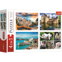 TREFL Puzzle Santorini, Benátky, Zámok Sully-sur-Loire a Mačky 4x1000 dielikov