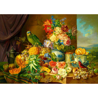 ENJOY Puzzle Josef Schuster: Zátišie s kvetmi, ovocím a papagájom 1000 dielikov