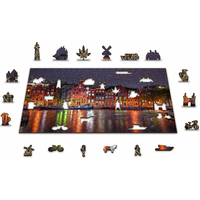 WOODEN CITY Drevené puzzle Nočný Amsterdam 2v1, 300 dielikov EKO