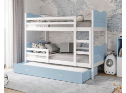 Detská poschodová posteľ s prístelkou MAX Q - 200x90 cm - modro-biela - vláčik