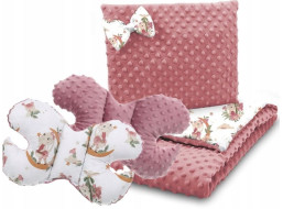 Detská deka do kočíka s vankúšikom a motýlikom - BABYMAM PREMIUM set 3v1 - V ríši snov so staroružovou minkou