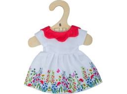 Bigjigs Toys Biele kvetinové šaty s červeným golierom pre bábiku 28 cm