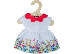 Bigjigs Toys Biele kvetinové šaty s červeným golierom pre bábiku 34 cm
