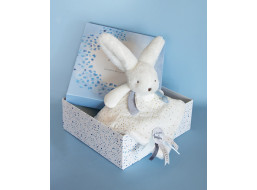 Doudou Darčeková sada modrá - zajačik so štvorcovou dečkou 25 cm