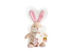 Doudou Hračka zajačik s hrkálkou a úchytom na cumlík 21 cm ružová