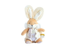 Doudou Hračka zajačik s hrkálkou a úchytom na cumlík 21 cm biela