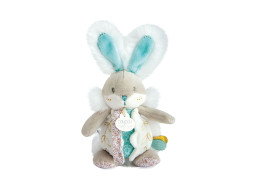 Doudou Hračka zajačik s hrkálkou a úchytom na cumlík 21 cm tyrkysová