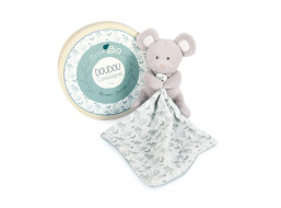 Doudou Darčeková sada - Plyšová myška s dečkou z BIO bavlny 15 cm zeleno-biela