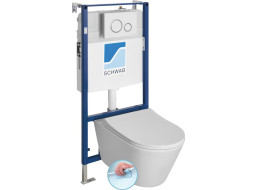 Závesné WC AVVA Rimless s podomietkovou nádržkou a tlačidlom Schwab, biela 100314-SET5