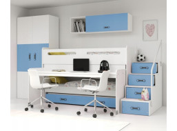 Detská vyvýšená poschodová posteľ s písacím stolom a prístelkou MAXÍK 1 200x80 cm - modrá + matrac ZADARMO